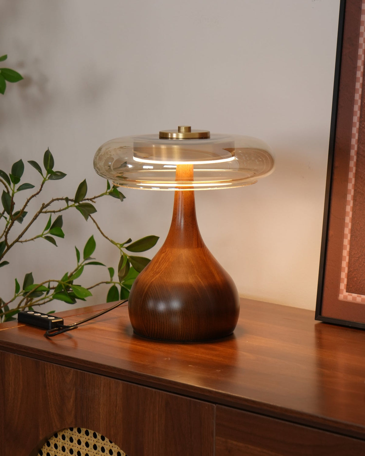 Andi | Glass Mushroom Table Lamp, Walnut Wood Bedside Lamp, 3 Color Plug In Desk Lamp