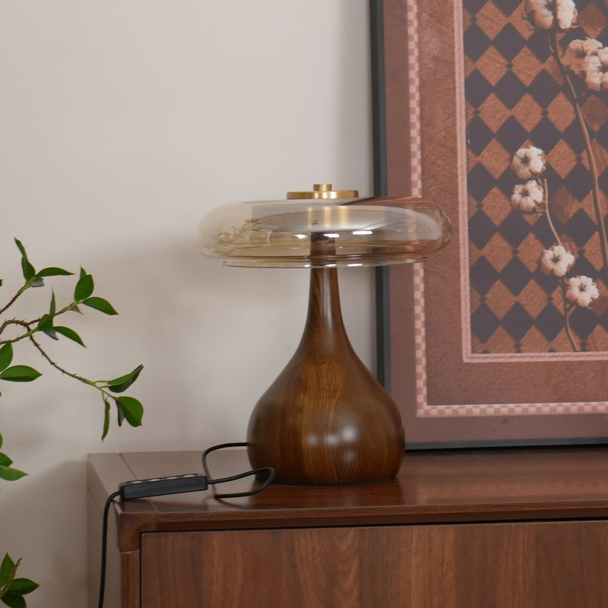 Andi | Glass Mushroom Table Lamp, Walnut Wood Bedside Lamp, 3 Color Plug In Desk Lamp