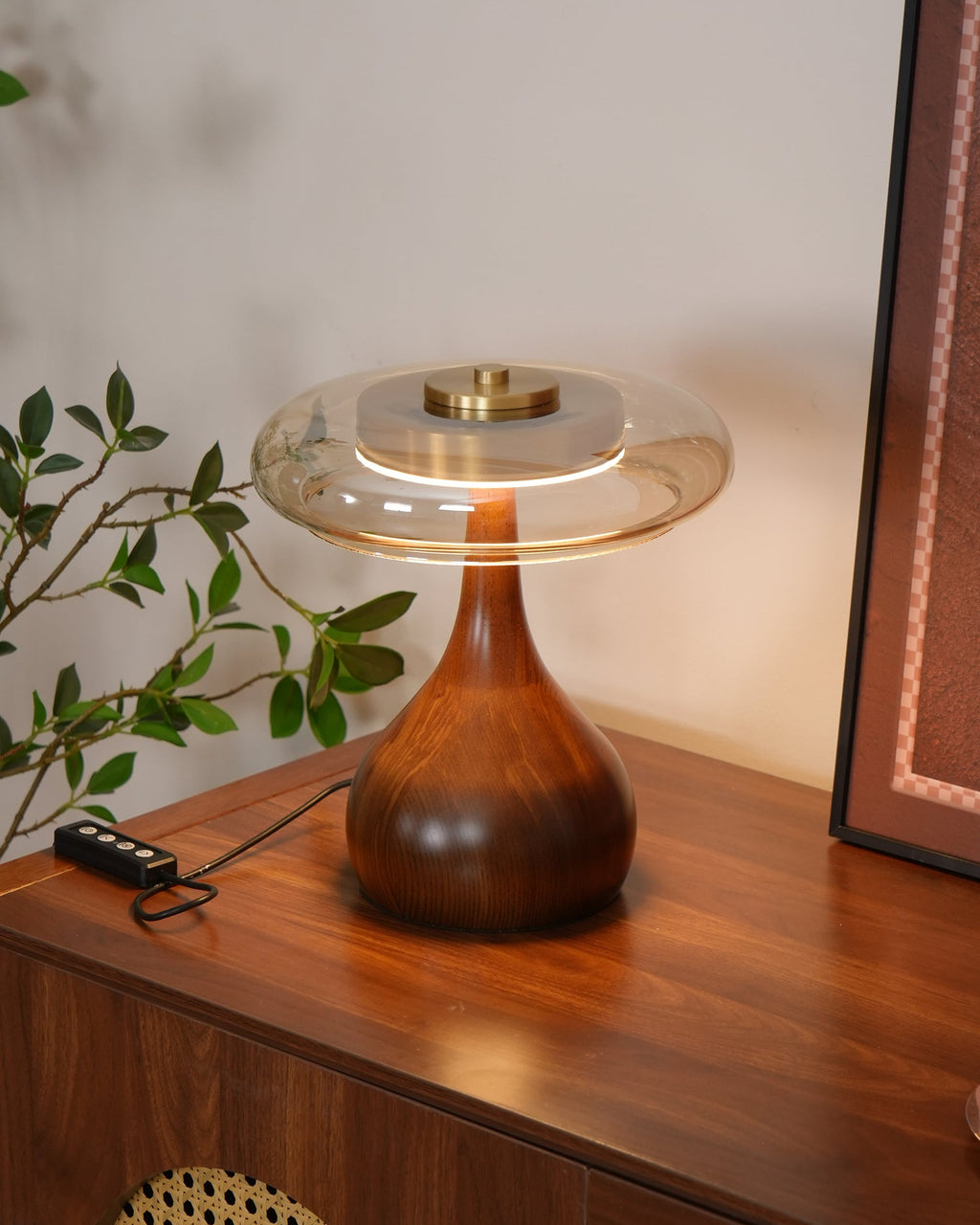 Andi | Glass Mushroom Table Lamp, Walnut Wood Bedside Lamp, 3 Color Plug In Desk Lamp