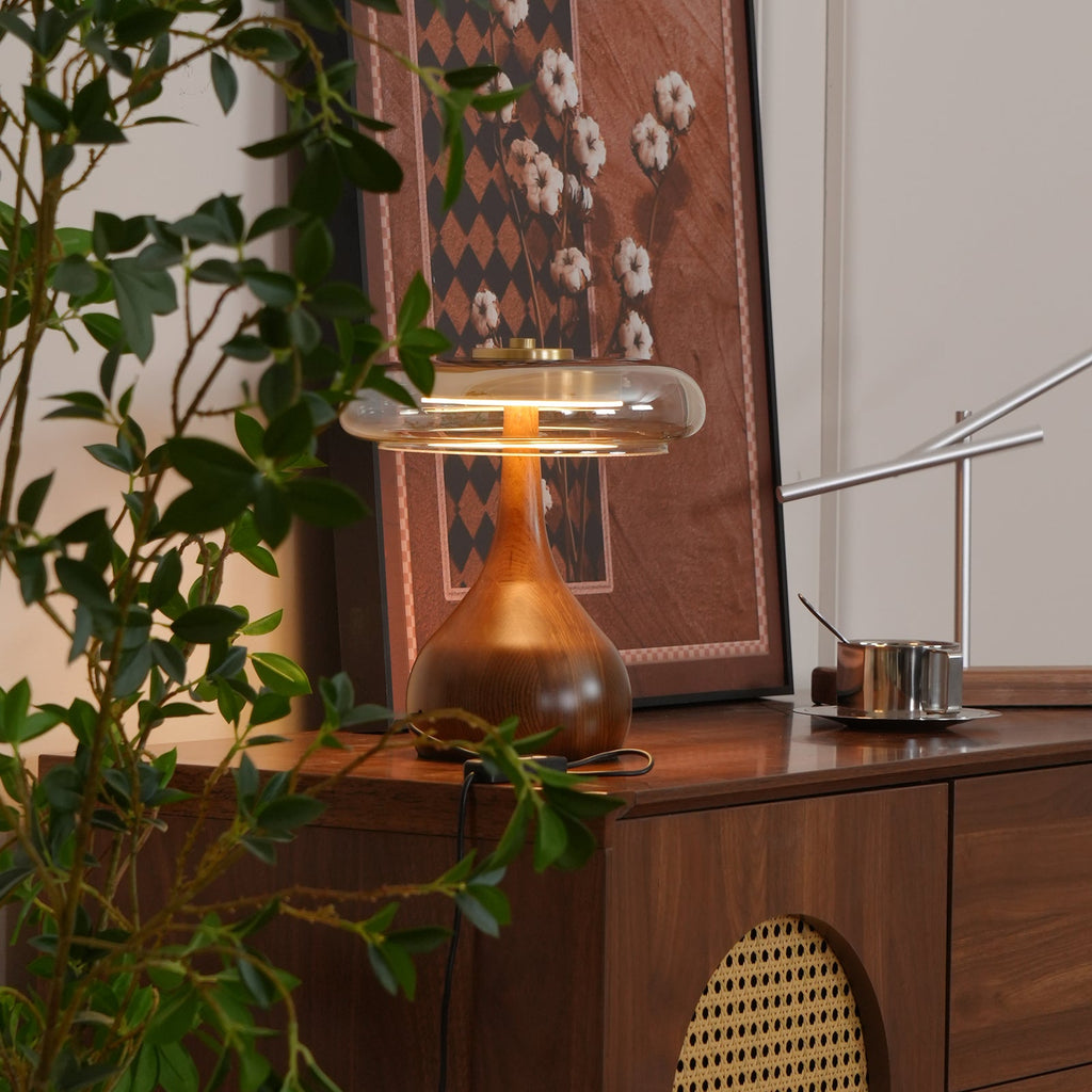 Andi | Glass Mushroom Table Lamp, Walnut Wood Bedside Lamp, 3 Color Plug In Desk Lamp