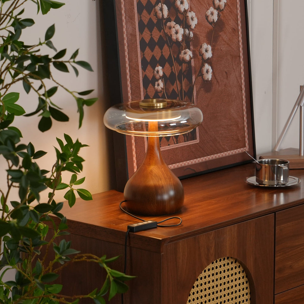 Andi | Glass Mushroom Table Lamp, Walnut Wood Bedside Lamp, 3 Color Plug In Desk Lamp