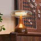 Andi | Glass Mushroom Table Lamp, Walnut Wood Bedside Lamp, 3 Color Plug In Desk Lamp