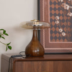 Andi | Glass Mushroom Table Lamp, Walnut Wood Bedside Lamp, 3 Color Plug In Desk Lamp