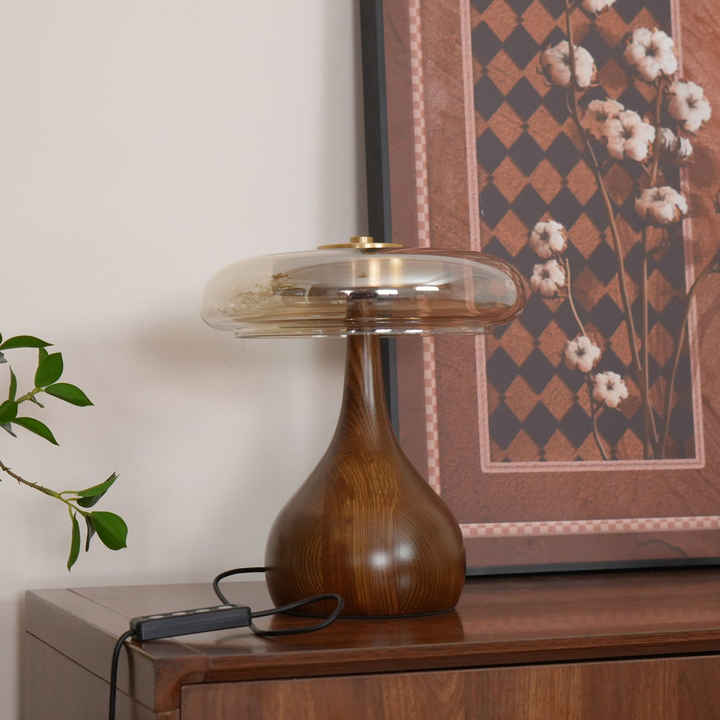 Andi | Glass Mushroom Table Lamp, Walnut Wood Bedside Lamp, 3 Color Plug In Desk Lamp