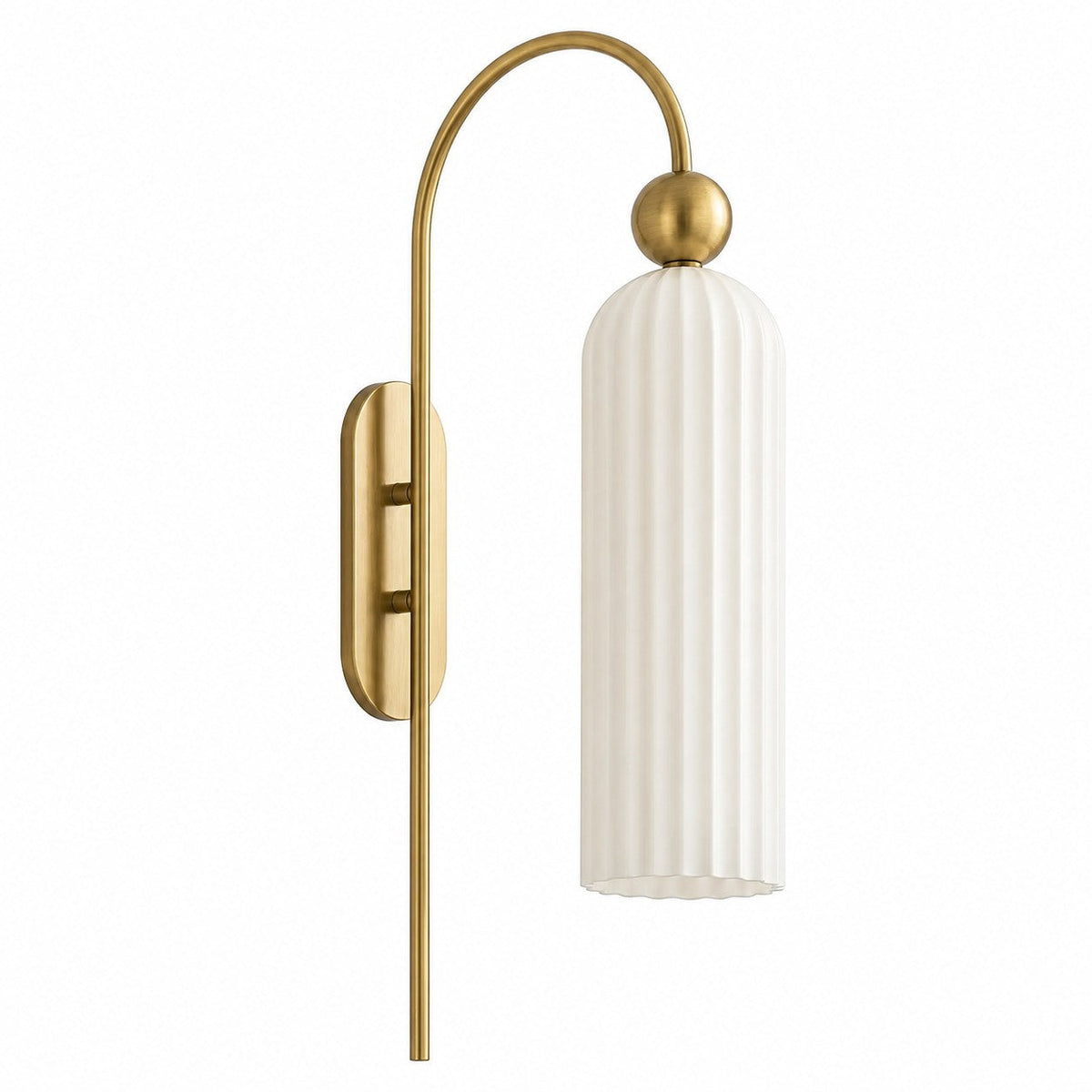 Azura | Ribbed Glass Wall Sconce, Gold Gooseneck Cylinder Wall Light, Alabaster or Travertine Shade