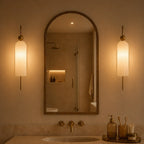 Azura | Ribbed Glass Wall Sconce, Gold Gooseneck Cylinder Wall Light, Alabaster or Travertine Shade