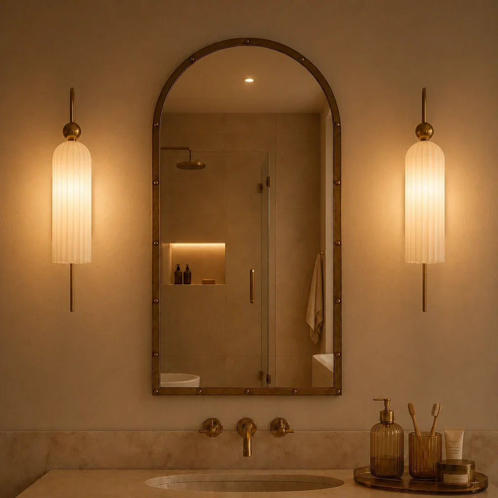 Azura | Ribbed Glass Wall Sconce, Gold Gooseneck Cylinder Wall Light, Alabaster or Travertine Shade
