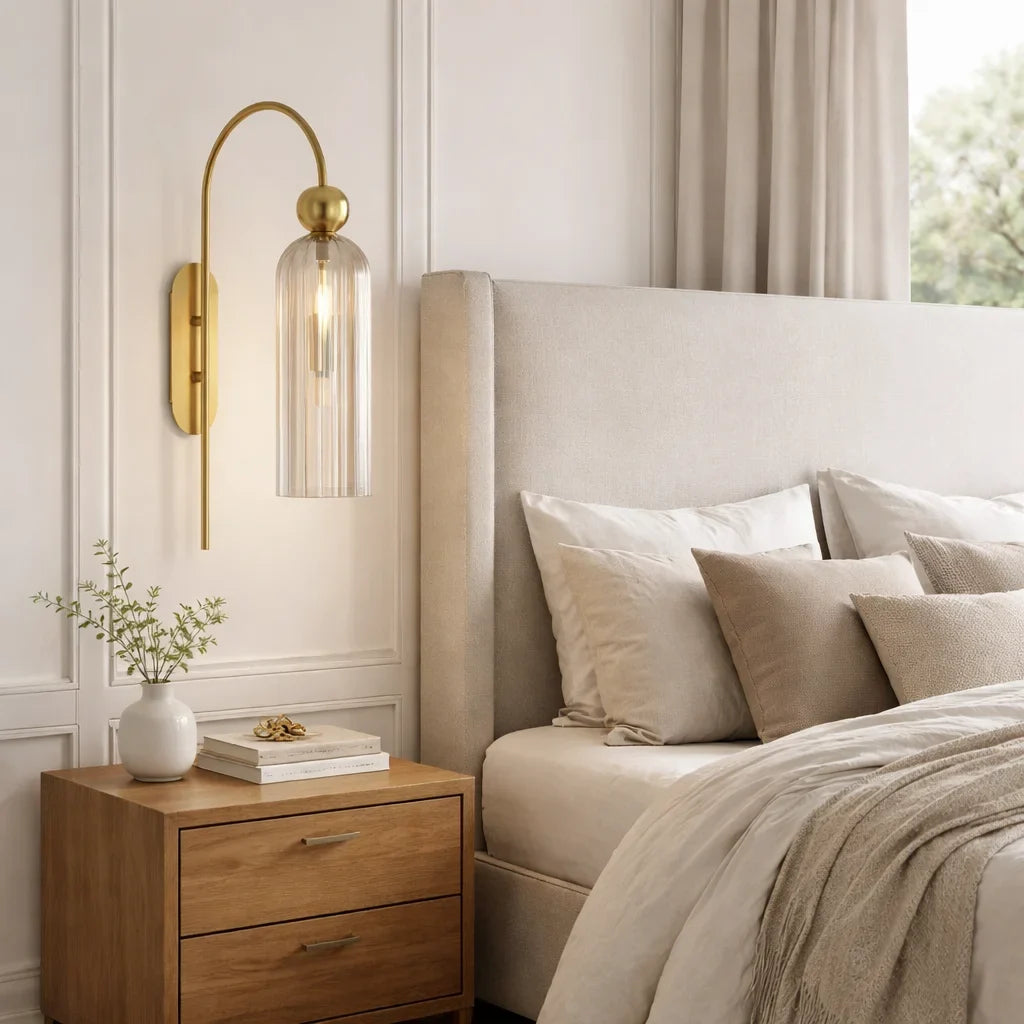 Azura | Ribbed Glass Wall Sconce, Gold Gooseneck Cylinder Wall Light, Alabaster or Travertine Shade