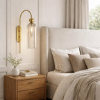 Azura | Ribbed Glass Wall Sconce, Gold Gooseneck Cylinder Wall Light, Alabaster or Travertine Shade