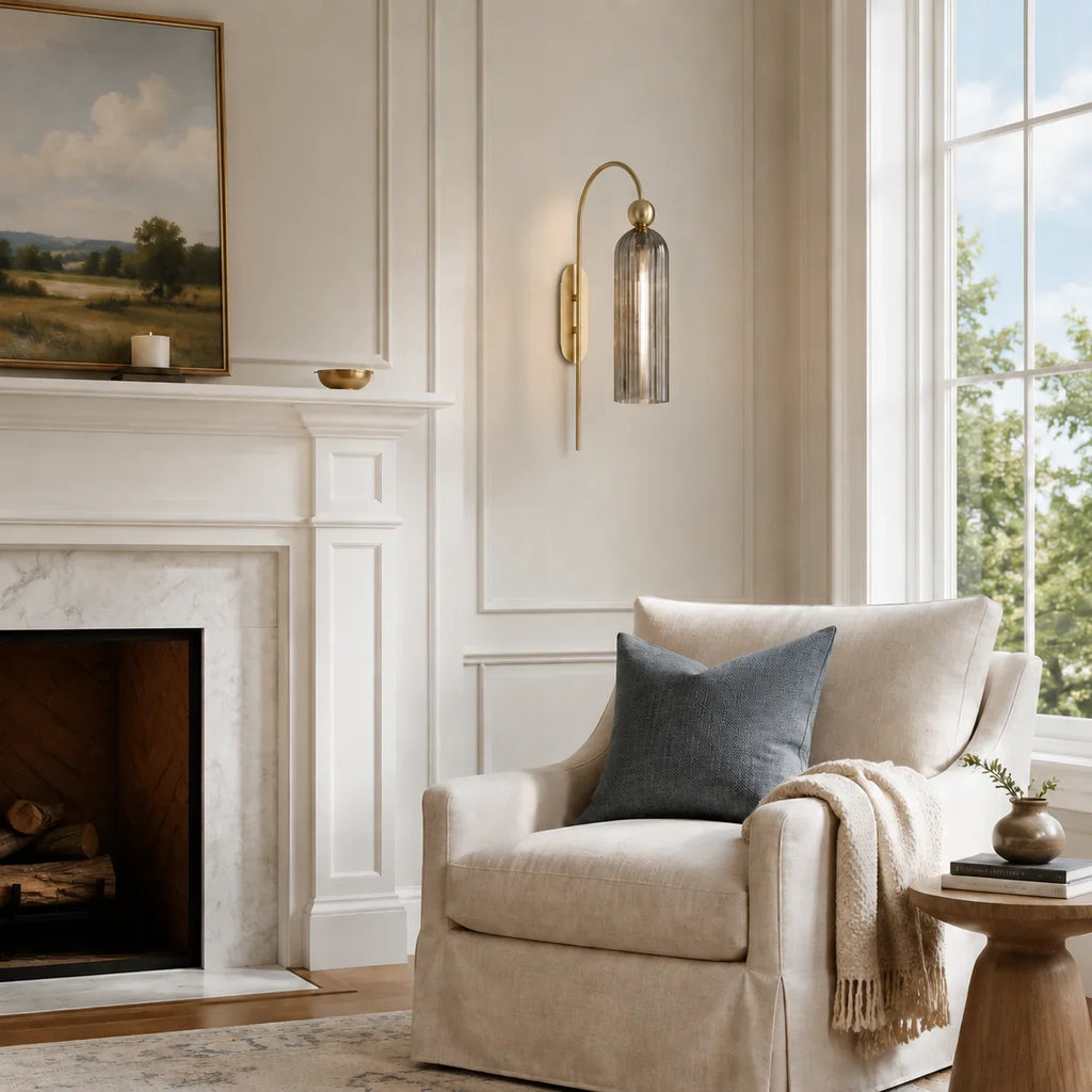 Azura | Ribbed Glass Wall Sconce, Gold Gooseneck Cylinder Wall Light, Alabaster or Travertine Shade