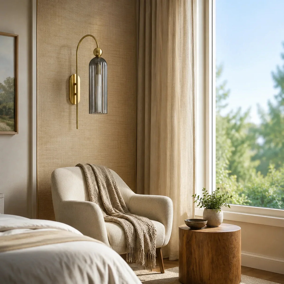 Azura | Ribbed Glass Wall Sconce, Gold Gooseneck Cylinder Wall Light, Alabaster or Travertine Shade