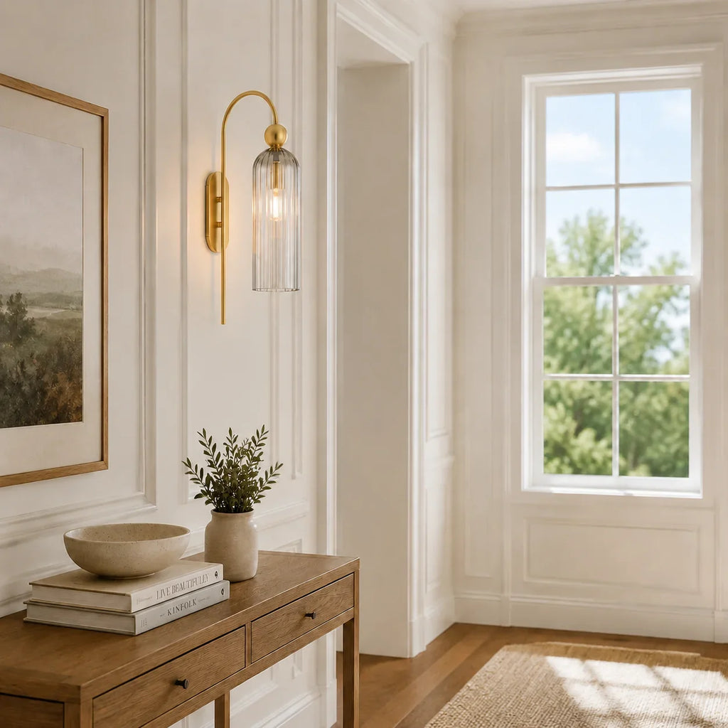 Azura | Ribbed Glass Wall Sconce, Gold Gooseneck Cylinder Wall Light, Alabaster or Travertine Shade