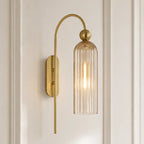 Azura | Ribbed Glass Wall Sconce, Gold Gooseneck Cylinder Wall Light, Alabaster or Travertine Shade