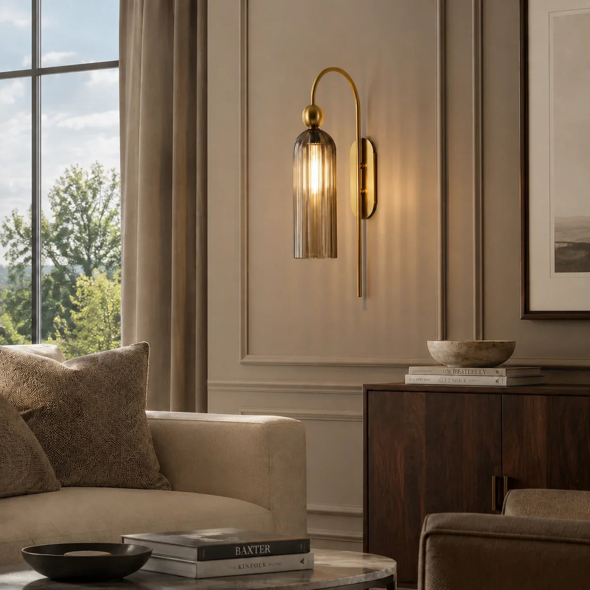 Azura | Ribbed Glass Wall Sconce, Gold Gooseneck Cylinder Wall Light, Alabaster or Travertine Shade