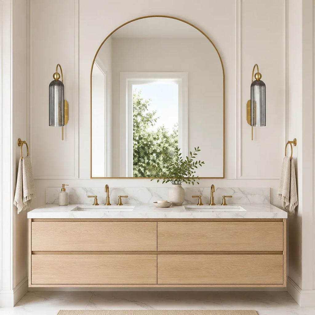Azura | Ribbed Glass Wall Sconce, Gold Gooseneck Cylinder Wall Light, Alabaster or Travertine Shade