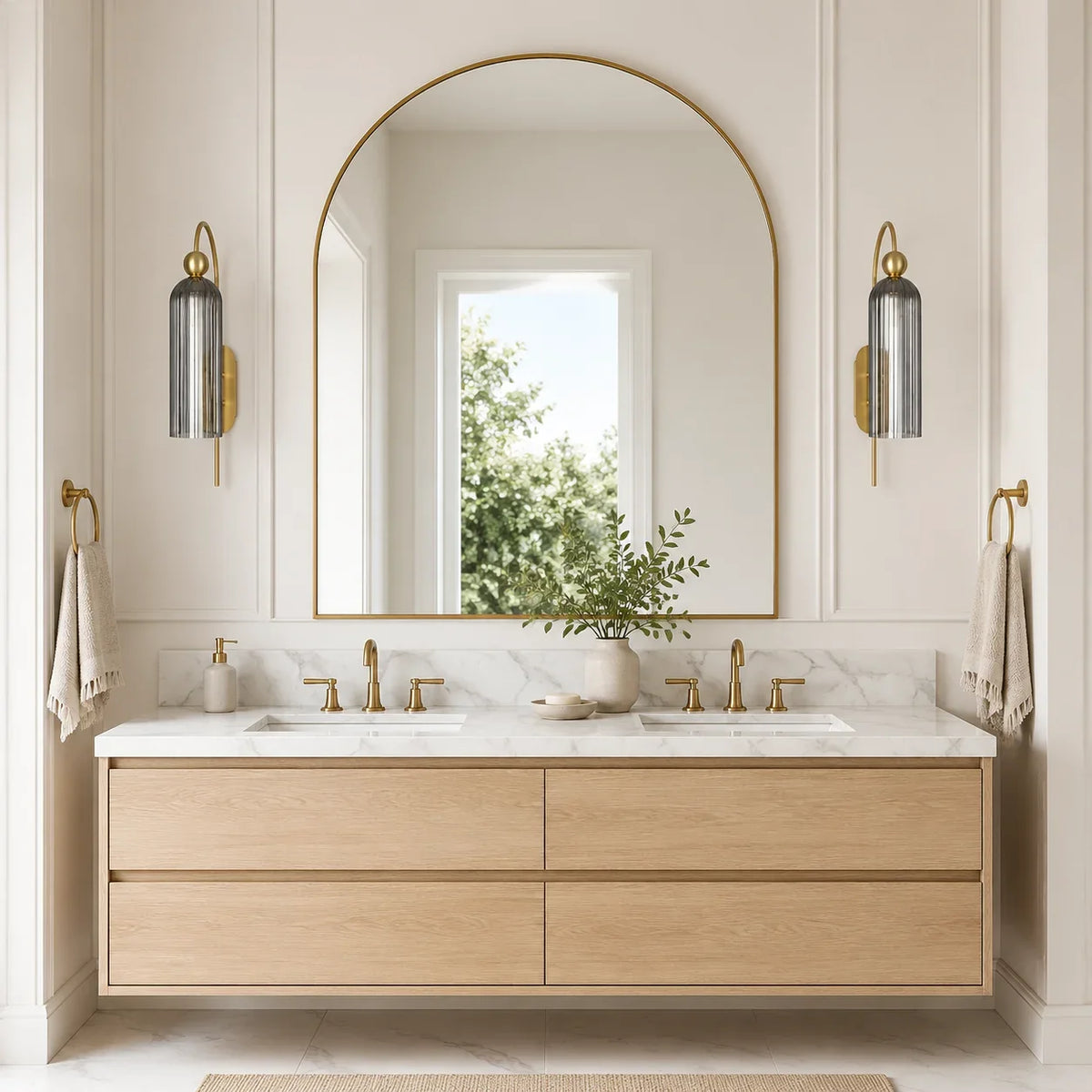 Azura | Ribbed Glass Wall Sconce, Gold Gooseneck Cylinder Wall Light, Alabaster or Travertine Shade