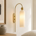 Azura | Ribbed Glass Wall Sconce, Gold Gooseneck Cylinder Wall Light, Alabaster or Travertine Shade