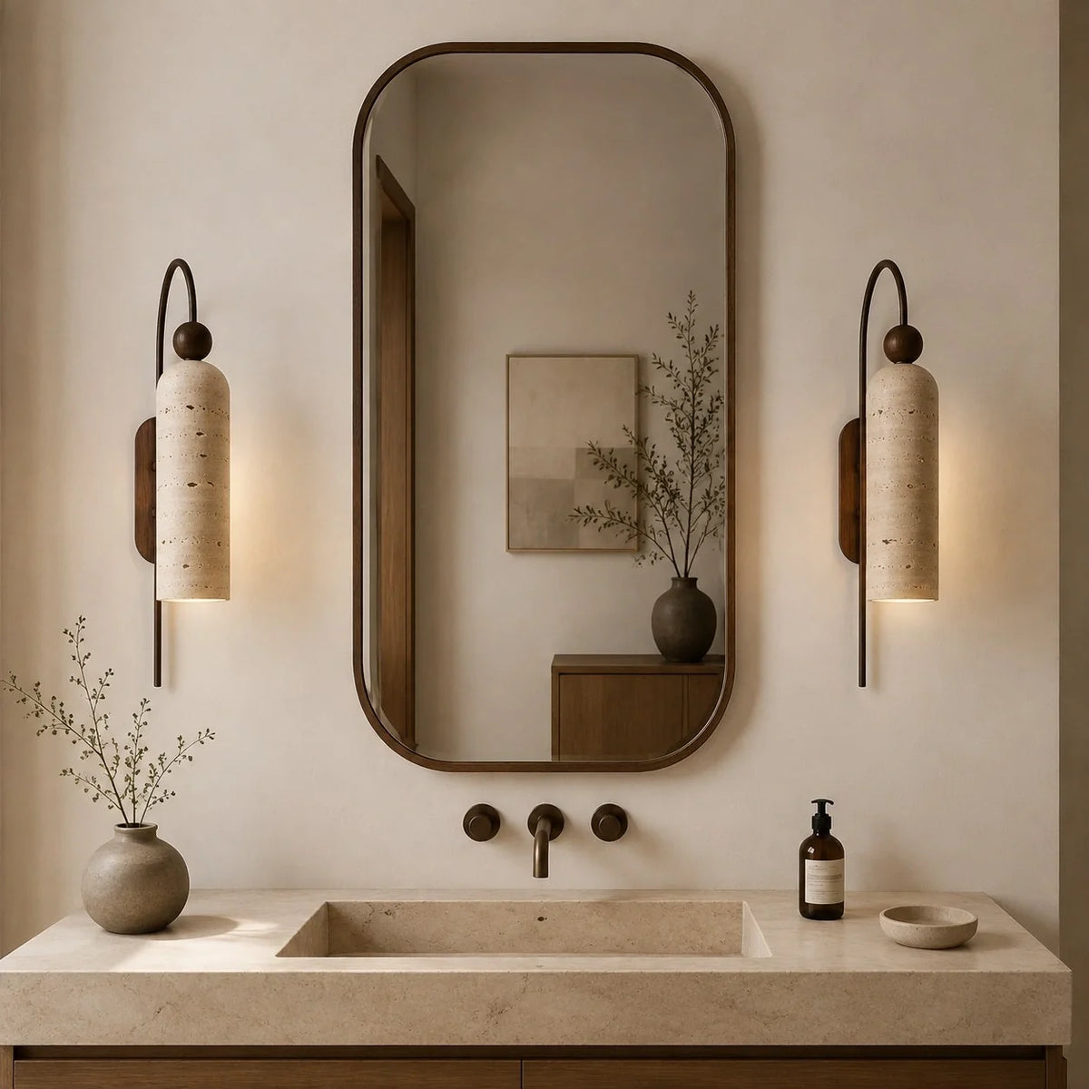 Azura | Ribbed Glass Wall Sconce, Gold Gooseneck Cylinder Wall Light, Alabaster or Travertine Shade