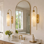 Azura | Ribbed Glass Wall Sconce, Gold Gooseneck Cylinder Wall Light, Alabaster or Travertine Shade