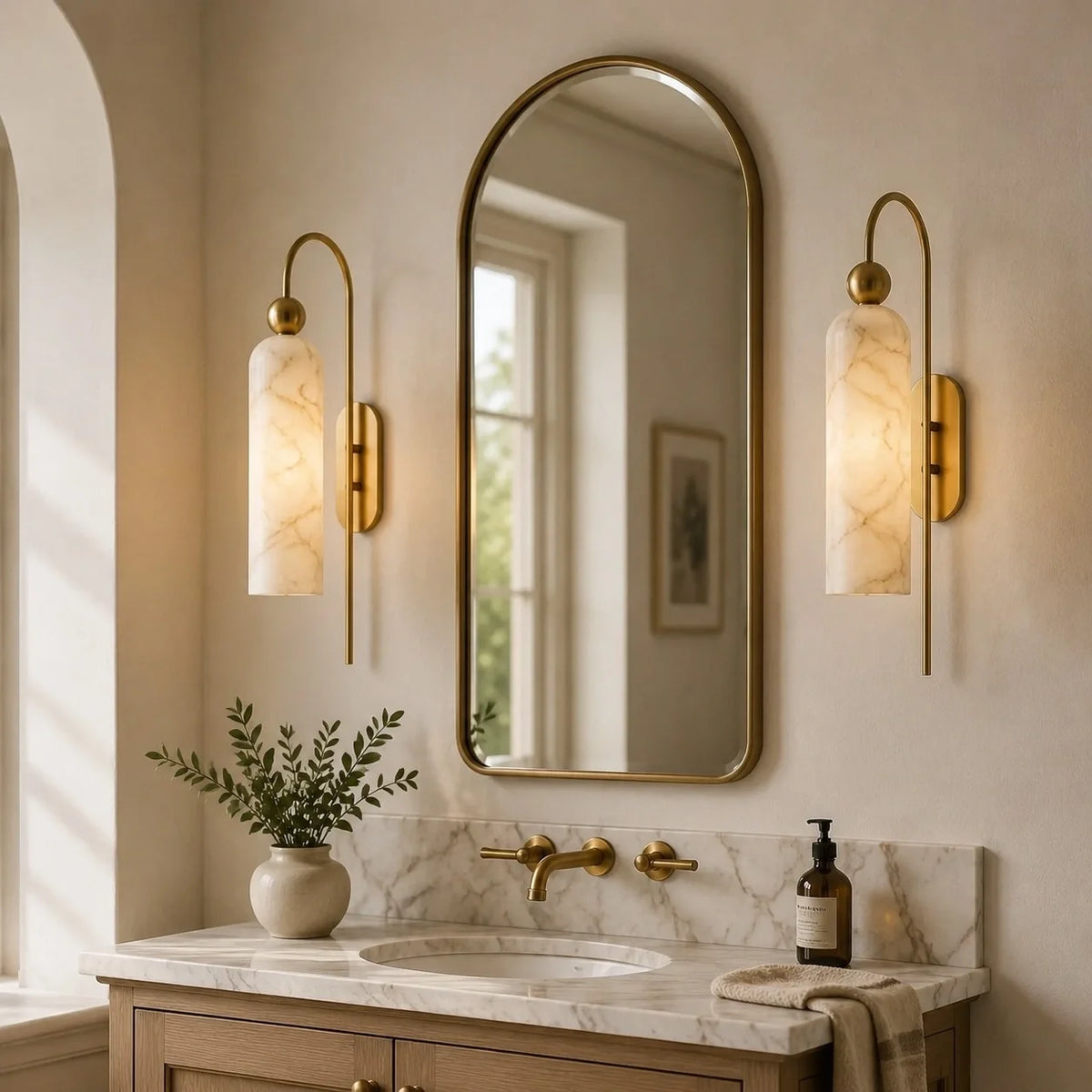 Azura | Ribbed Glass Wall Sconce, Gold Gooseneck Cylinder Wall Light, Alabaster or Travertine Shade