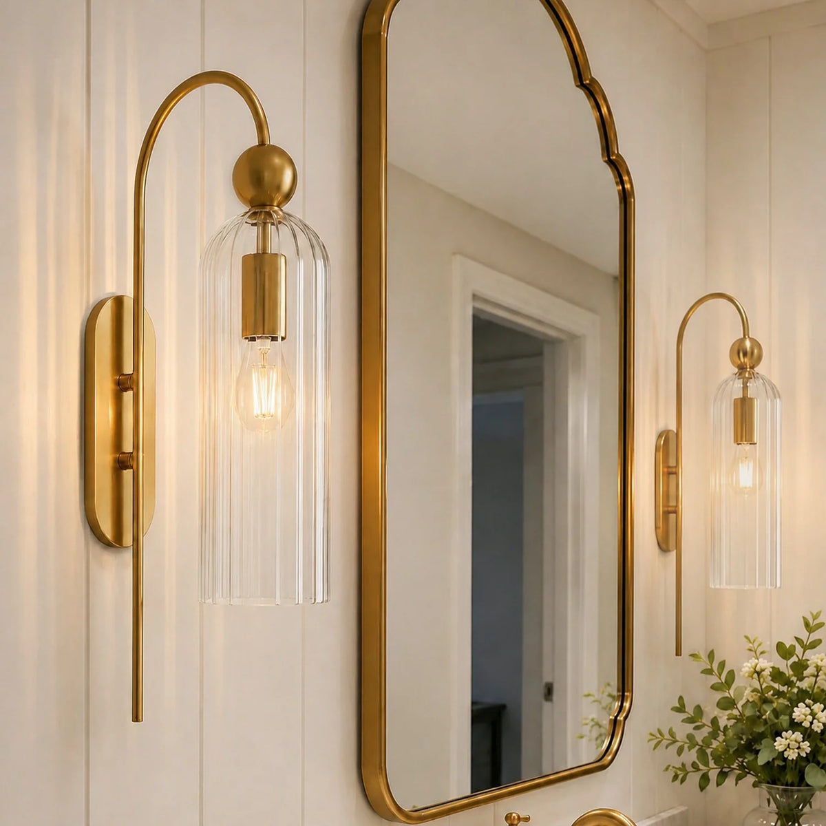 Azura | Ribbed Glass Wall Sconce, Gold Gooseneck Cylinder Wall Light, Alabaster or Travertine Shade