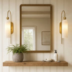 Azura | Ribbed Glass Wall Sconce, Gold Gooseneck Cylinder Wall Light, Alabaster or Travertine Shade