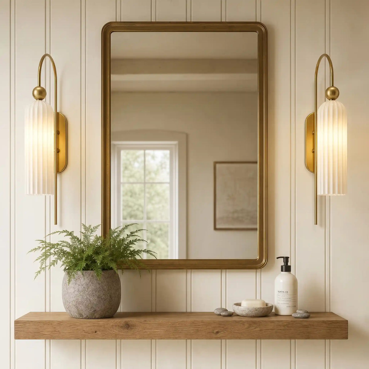 Azura | Ribbed Glass Wall Sconce, Gold Gooseneck Cylinder Wall Light, Alabaster or Travertine Shade