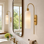Azura | Ribbed Glass Wall Sconce, Gold Gooseneck Cylinder Wall Light, Alabaster or Travertine Shade