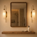 Azura | Ribbed Glass Wall Sconce, Gold Gooseneck Cylinder Wall Light, Alabaster or Travertine Shade