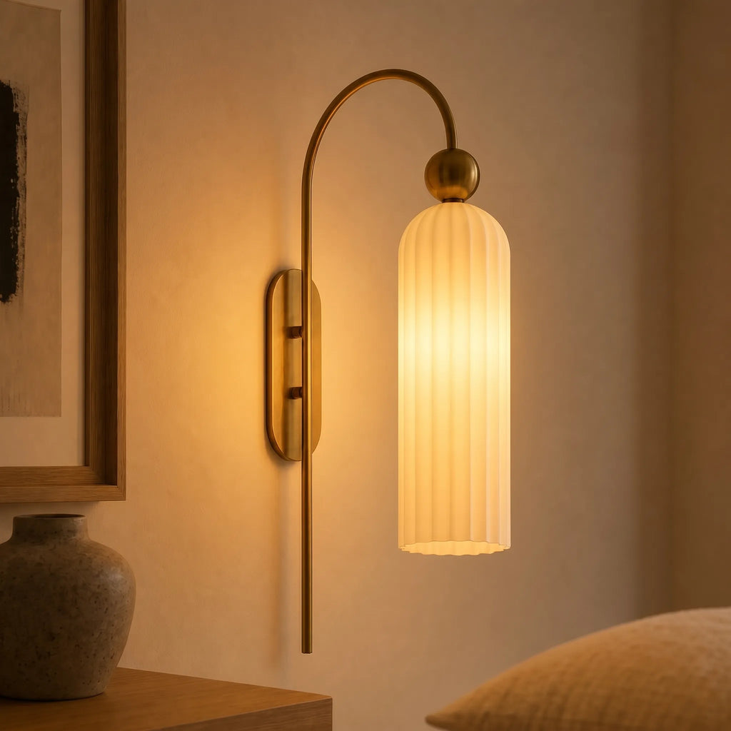 Azura | Ribbed Glass Wall Sconce, Gold Gooseneck Cylinder Wall Light, Alabaster or Travertine Shade