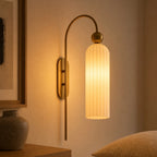 Azura | Ribbed Glass Wall Sconce, Gold Gooseneck Cylinder Wall Light, Alabaster or Travertine Shade
