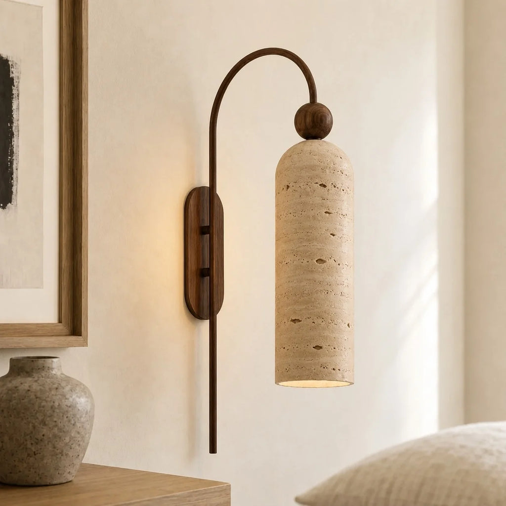 Azura | Ribbed Glass Wall Sconce, Gold Gooseneck Cylinder Wall Light, Alabaster or Travertine Shade