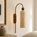 Azura | Ribbed Glass Wall Sconce, Gold Gooseneck Cylinder Wall Light, Alabaster or Travertine Shade
