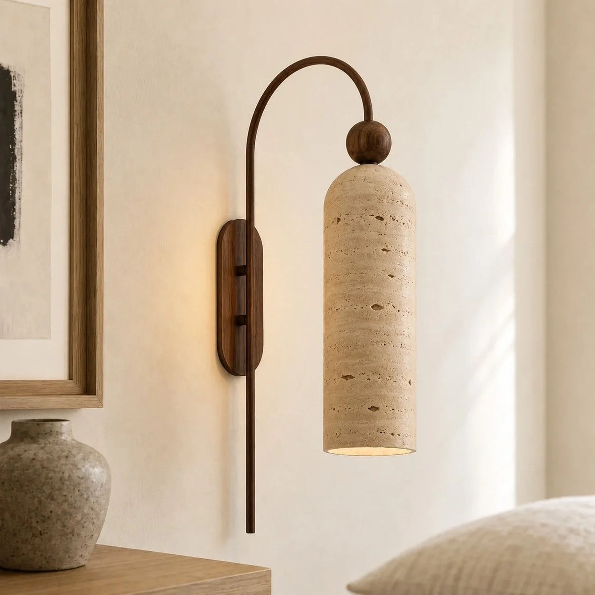Azura | Ribbed Glass Wall Sconce, Gold Gooseneck Cylinder Wall Light, Alabaster or Travertine Shade