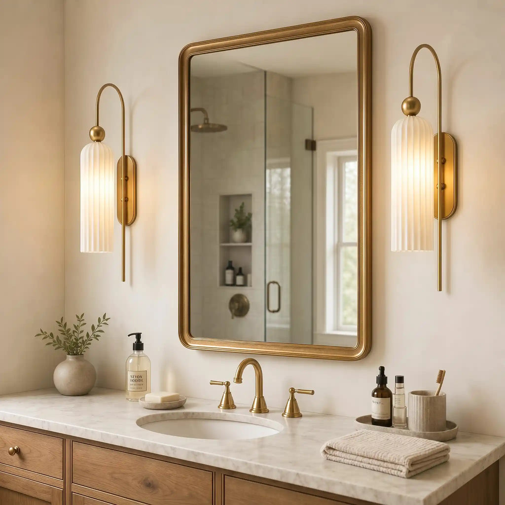 Azura | Ribbed Glass Wall Sconce, Gold Gooseneck Cylinder Wall Light, Alabaster or Travertine Shade