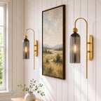 Azura | Ribbed Glass Wall Sconce, Gold Gooseneck Cylinder Wall Light, Alabaster or Travertine Shade
