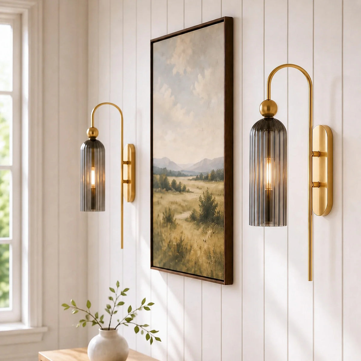 Azura | Ribbed Glass Wall Sconce, Gold Gooseneck Cylinder Wall Light, Alabaster or Travertine Shade