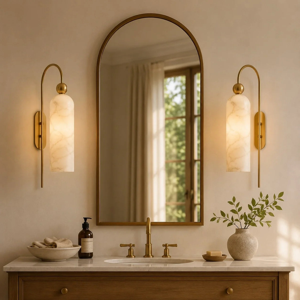 Azura | Ribbed Glass Wall Sconce, Gold Gooseneck Cylinder Wall Light, Alabaster or Travertine Shade