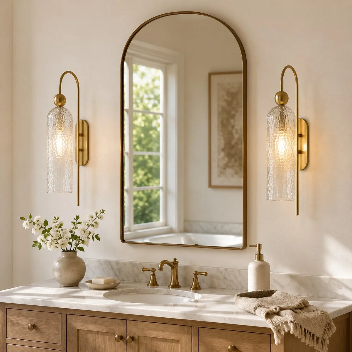 Azura | Ribbed Glass Wall Sconce, Gold Gooseneck Cylinder Wall Light, Alabaster or Travertine Shade