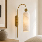 Azura | Ribbed Glass Wall Sconce, Gold Gooseneck Cylinder Wall Light, Alabaster or Travertine Shade