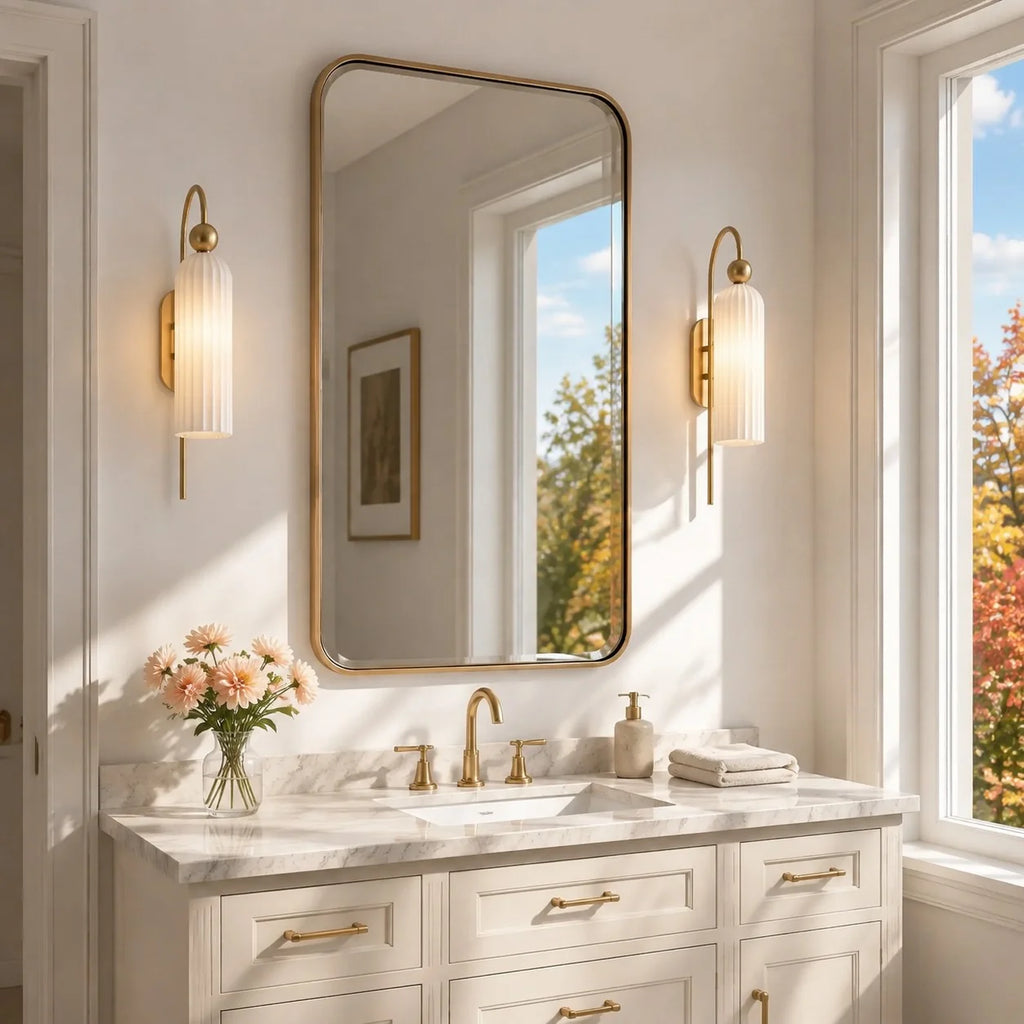 Azura | Ribbed Glass Wall Sconce, Gold Gooseneck Cylinder Wall Light, Alabaster or Travertine Shade