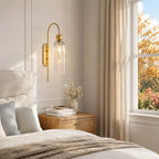 Azura | Ribbed Glass Wall Sconce, Gold Gooseneck Cylinder Wall Light, Alabaster or Travertine Shade