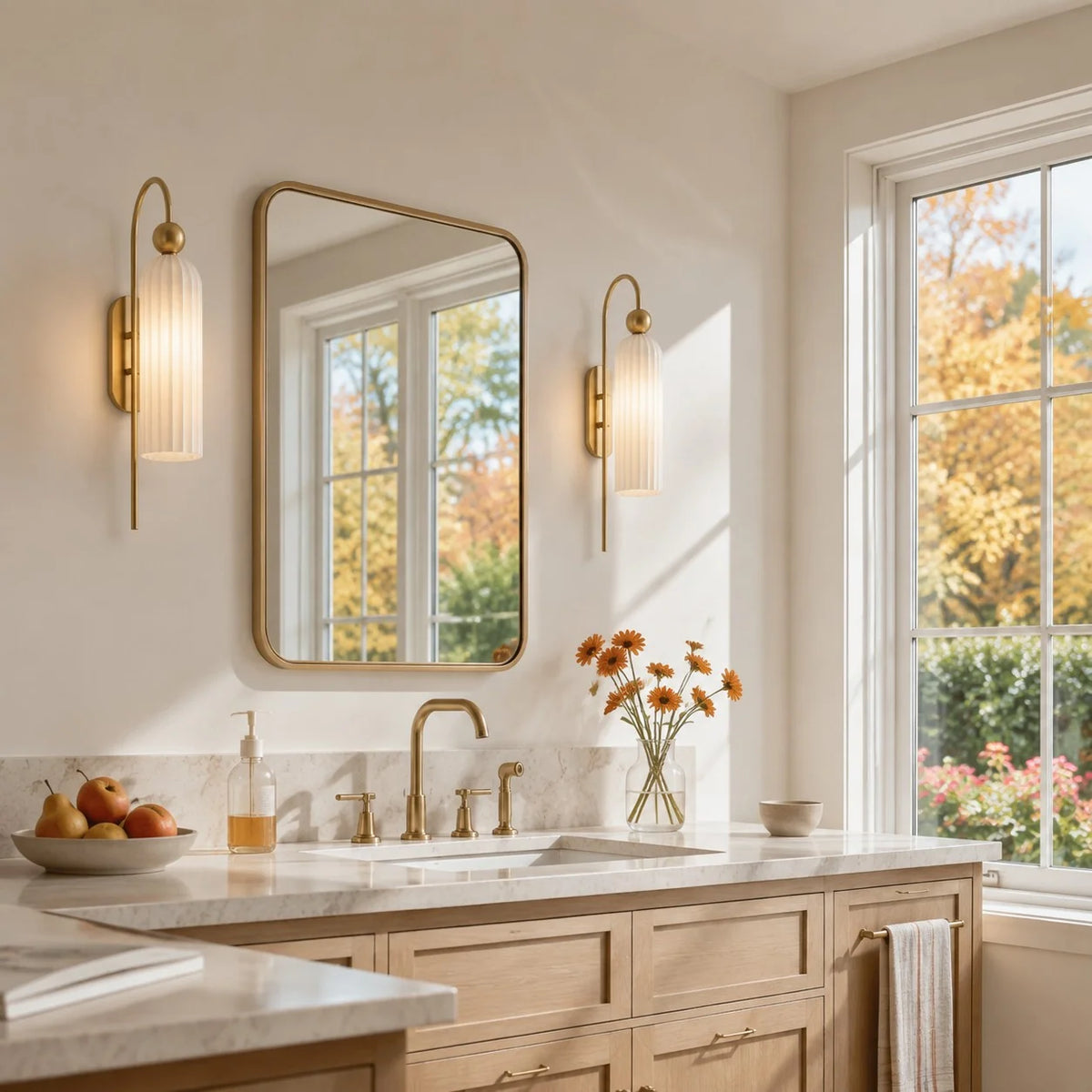 Azura | Ribbed Glass Wall Sconce, Gold Gooseneck Cylinder Wall Light, Alabaster or Travertine Shade