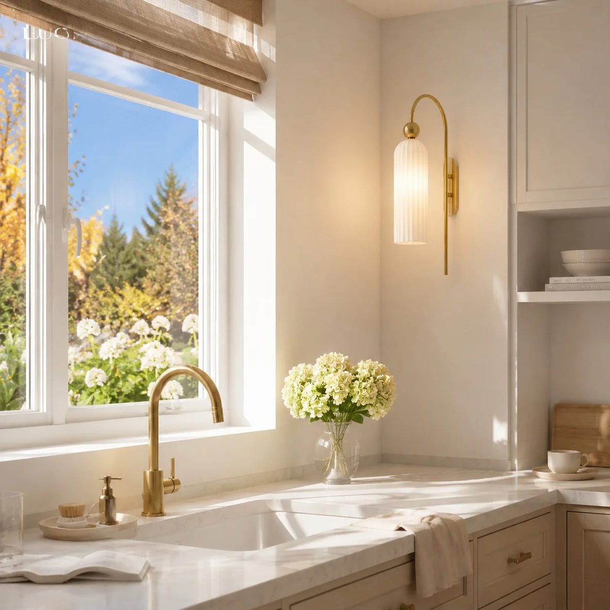 Azura | Ribbed Glass Wall Sconce, Gold Gooseneck Cylinder Wall Light, Alabaster or Travertine Shade