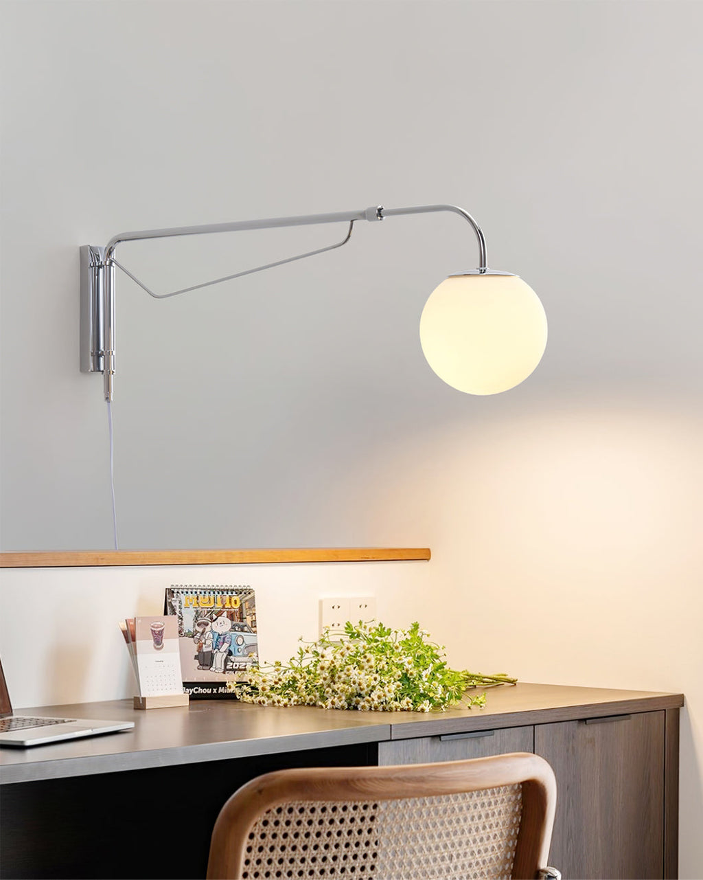 Bellman | Plug In Swing Arm Wall Lamp, Adjustable Globe Wall Sconce for Bedside Reading and Desk