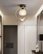 Perch | Ceramic Bird Semi Flush Mount Ceiling Light, Glass Hallway Light Fixture in Brass or Black