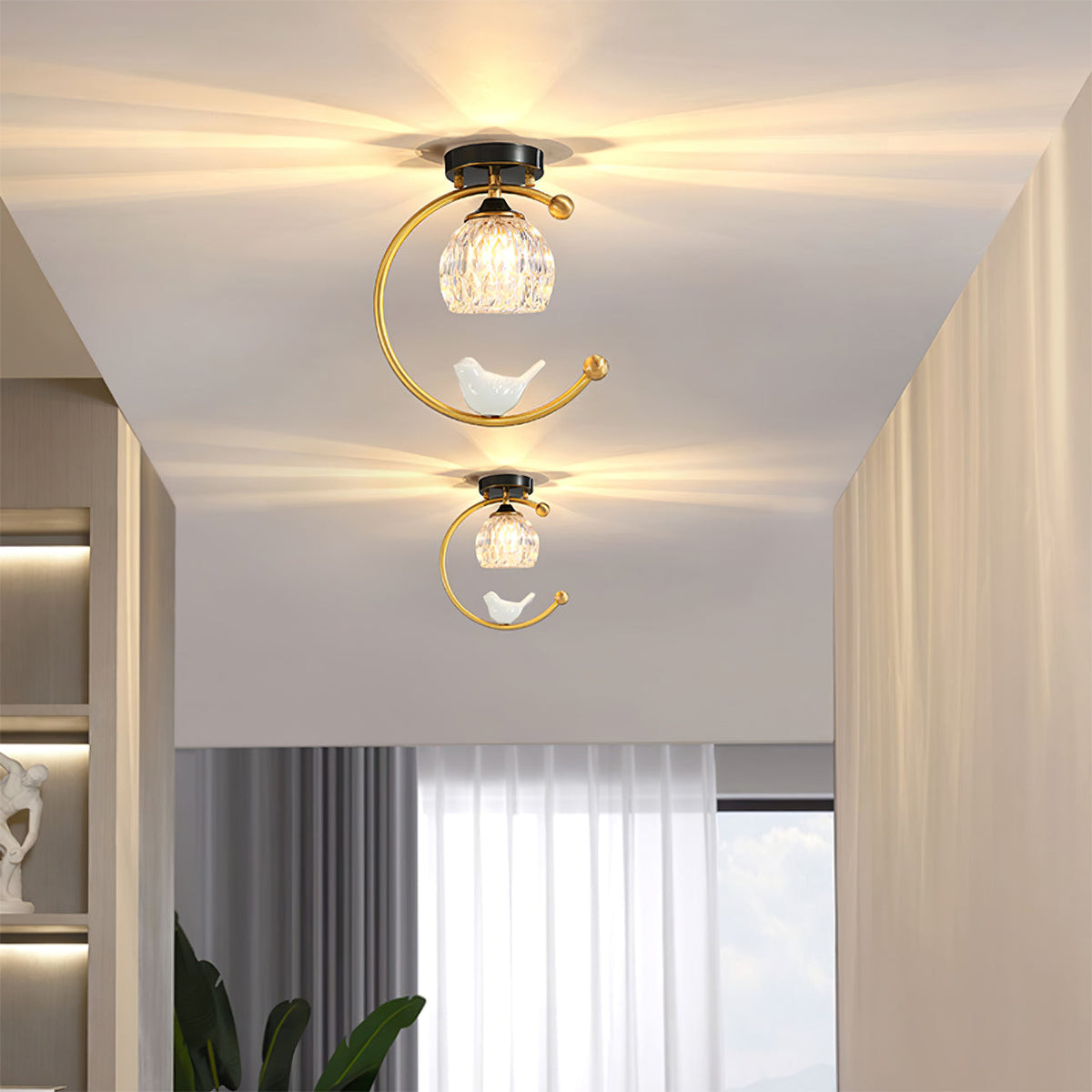 Perch | Ceramic Bird Semi Flush Mount Ceiling Light, Glass Hallway Light Fixture in Brass or Black