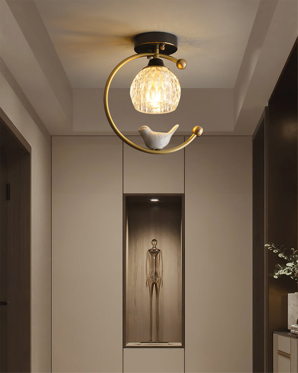 Perch | Ceramic Bird Semi Flush Mount Ceiling Light, Glass Hallway Light Fixture in Brass or Black