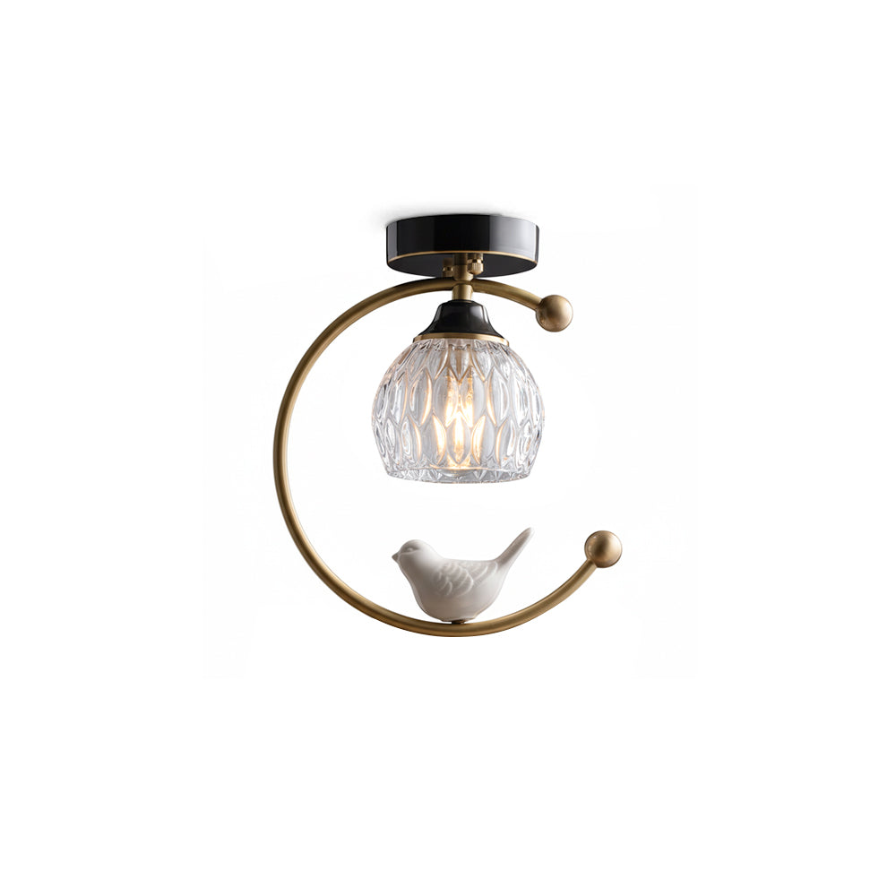 Perch | Ceramic Bird Semi Flush Mount Ceiling Light, Glass Hallway Light Fixture in Brass or Black