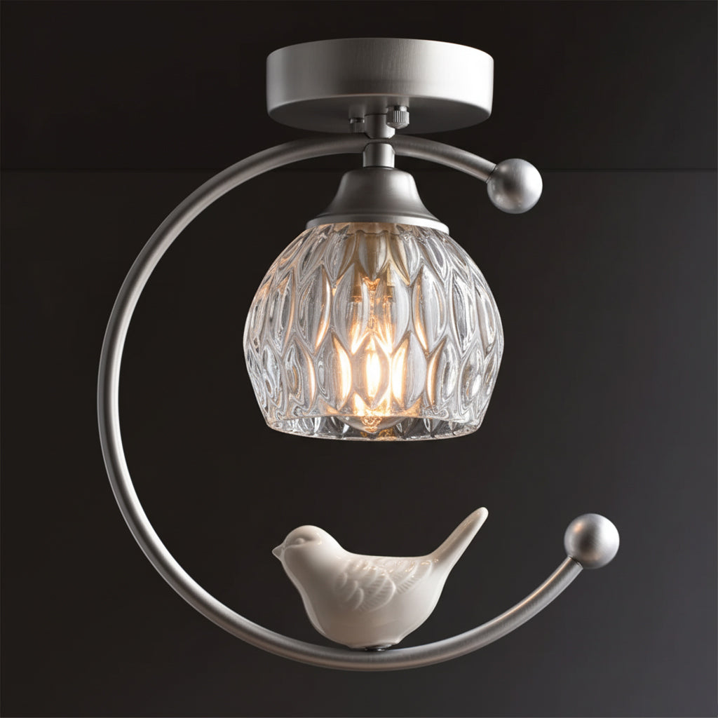 Perch | Ceramic Bird Semi Flush Mount Ceiling Light, Glass Hallway Light Fixture in Brass or Black